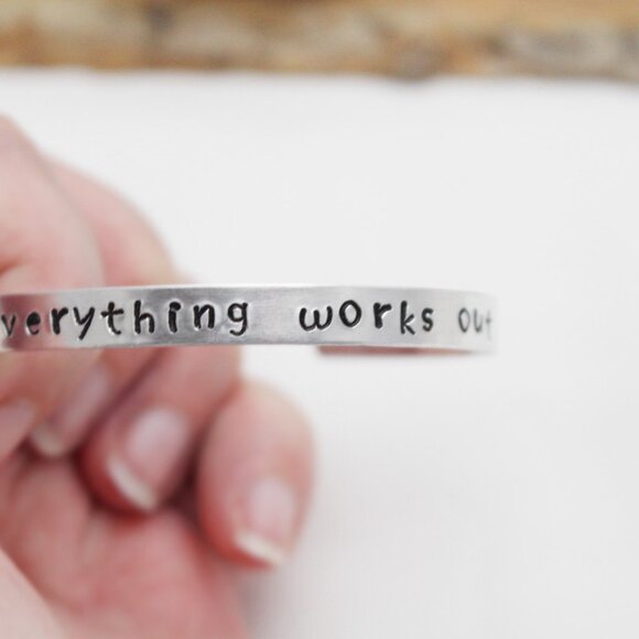 Everything Works Out - Hand Stamped Anodized Aluminum Bangle - Adjustable - Picture 5 of 11